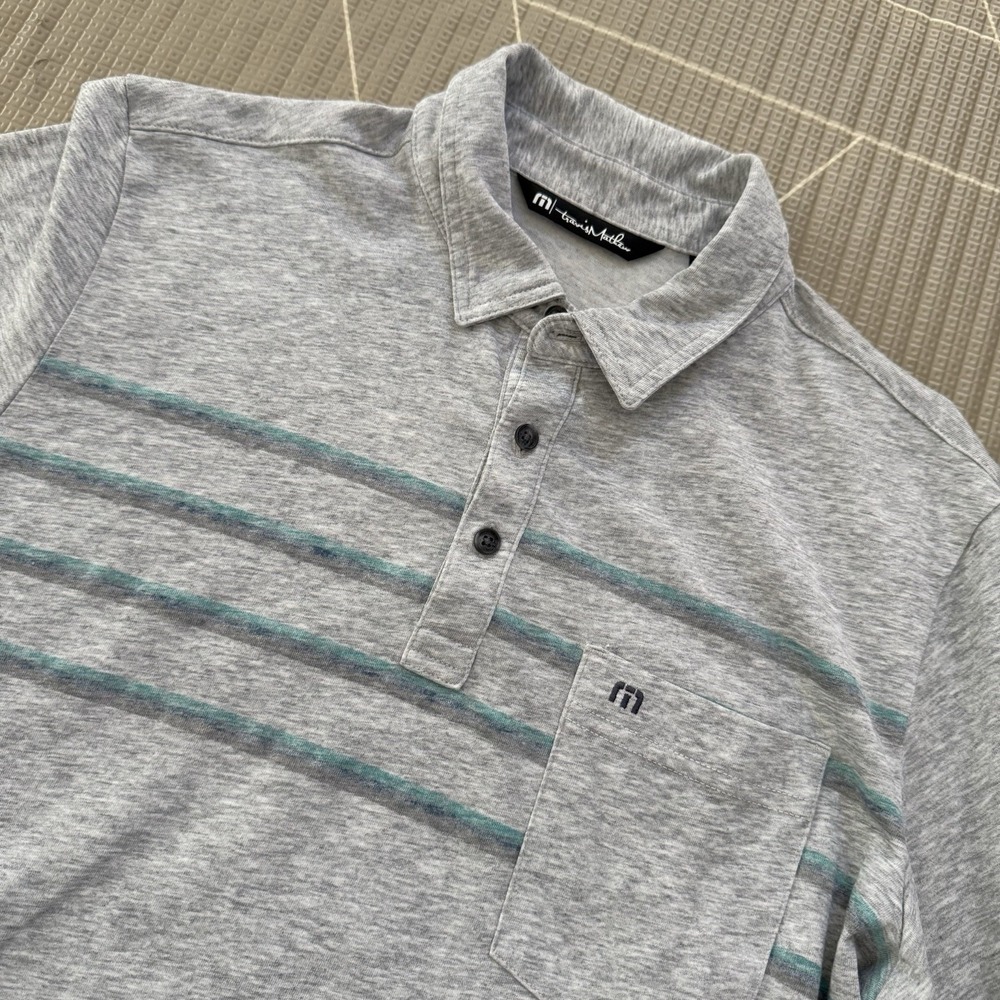 Travis Mathew Golf Polo Medium Gray w/ Green Stripes Short Sleeve Cotton Blend